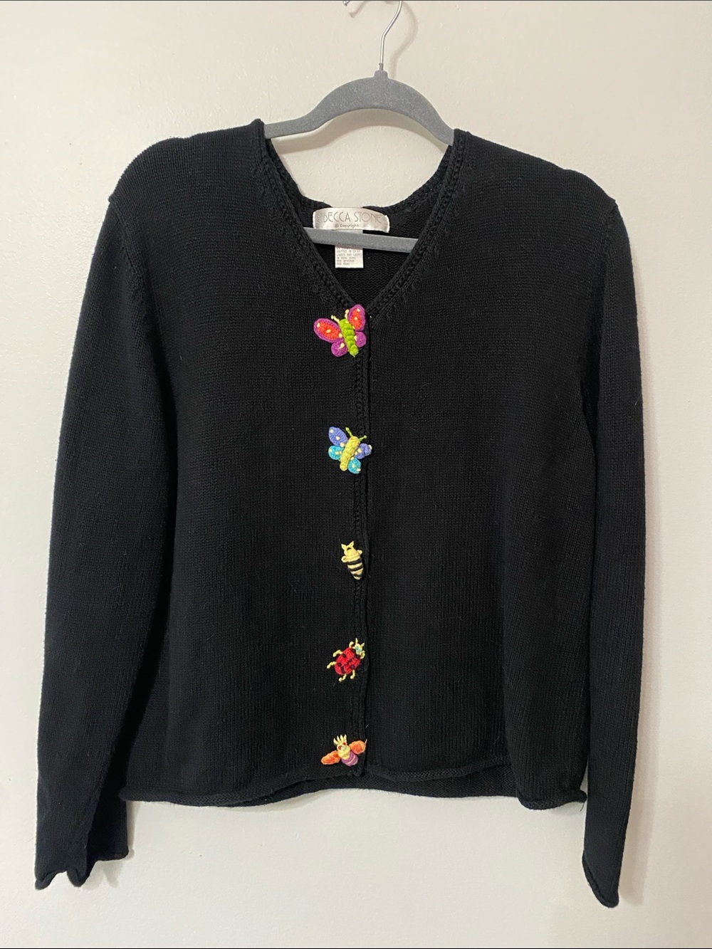Rebecca Stone Vintage Black Cardigan with Colorful Butterfly 🦋 Ladybug 🐞 Bee 🐝